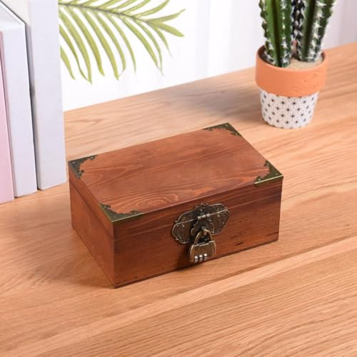 Warmiehomy Vintage Small Wooden Box with Lock - 25 x 20 x 11 cm Wooden Storage Box for Jewelry, Keepsakes, Treasures, Photos, Memories, DIY - Walnut Wood Color - Large Size