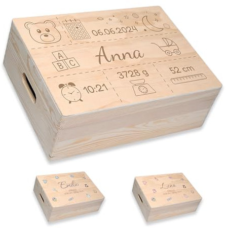 Erinnerungsbox Holzkiste mit individueller GRAVUR, persönlich gestaltetet Aufbewahrungsbox, Geschenkebox zur Geburt aus Holz, personalisierte Holzbox als Erinnerungsbox Holzkiste (Größe L - 12 Liter)