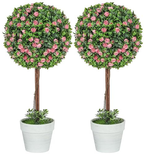 HOMCOM Lot de 2 plantes artificielles décoratives - Arbre topiaire en forme de boule avec rose en pot - Plantes artificielles pour décoration d'intérieur et d'extérieur - 60 cm - Rose