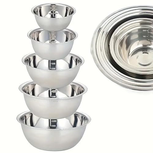 5pcs Stainless Steel Mixing Bowl Set with Graduated Multi-Purpose Stainless Steel Bowls - Rust Resistant, Heavy Duty and Durable, Easy to Store, Great for Kitchen Cooking and Baking, Ideal Christmas G