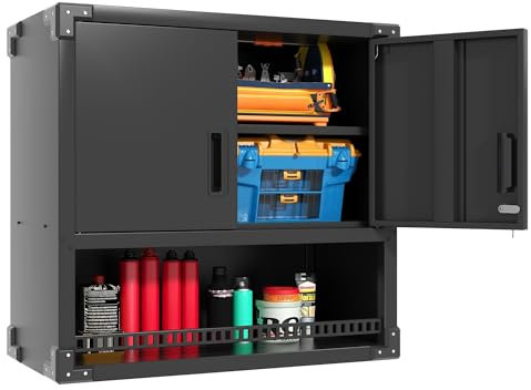 BIZOEIRON Werkzeugschrank Hängend, Metall Wandschrank mit 2 Türen Und Offene Lagerung, Hängeschrank für Garage, Werkstattschrank Wand, Montage Erforderlich, Schwarz