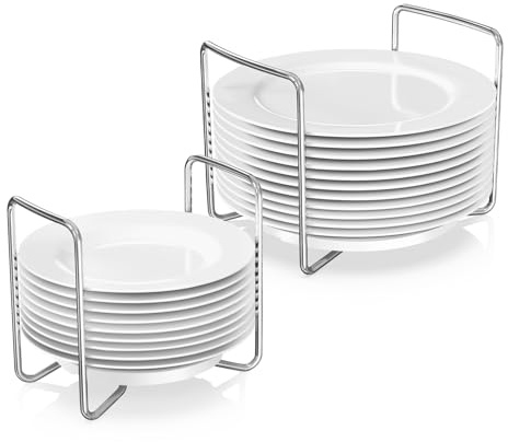 Plate Organizer for Kitchen Counter Bamboo Dish Racks for Cabinet Plate Holder for Kitchen Drawer Storage 2 Pack Adjustable for 6.75 to 12.5 Stainless Steel 304 Portable (White, 1 x Small & Large)