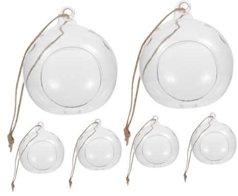 HAWILLOSCH 6stücke Hängende Glas-Kugel Teelichthalter Mit Flachem Boden Für Stabilen Stand Große Öffnung Für Gute Luftzirkulation Geeignet Als Baumschmuck Oder DIY Terrarium Für Dekoration