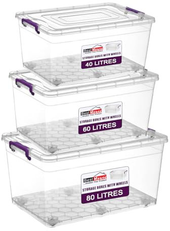 Best House | Plastic Storage Box with Lids on wheels | Clear | Stackable | Set of 3 (40L + 60L + 80L) | Large Plastic Containers | Multi Purpose use for Home, office, Kitchen, Toys, Clip Locked