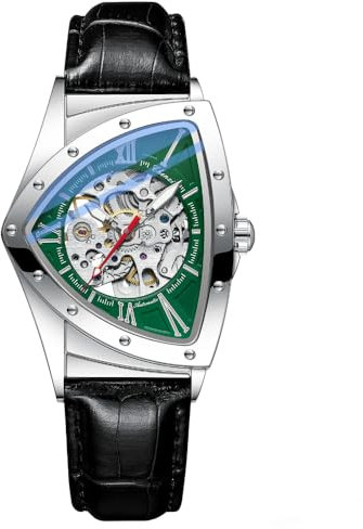 DAXIAOYU Unregelmäßige Mode Dreieck Skelett Herren Automatische Mechanische Uhren Einzigartige Luxus Edelstahl Uhr Wasserdicht Leuchtende Business Armbanduhr, Schwarz Grün, Luxuriös
