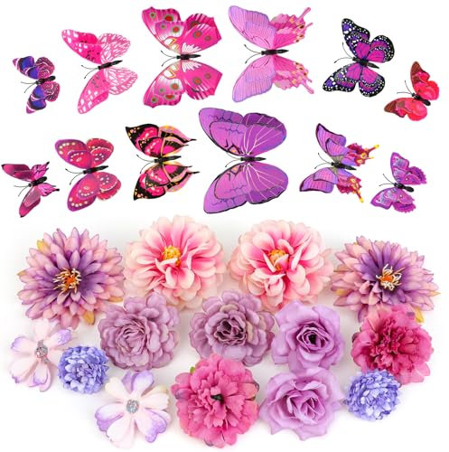 MWOOT 14 Pcs Artificial Flower Heads and 12 Pcs 3D Butterfly, Small Faux Flowers for Crafts, Fake Rose Carnation Heads for DIY Wreath Cake Wedding Bouquet Party Home Garden Decoration(Purple)