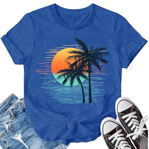 SUWATOIN Sunshine Beach Shirt for Women Summer Vacation Palm Trees T-Shirt Aloha Beaches Hawaiian Tee