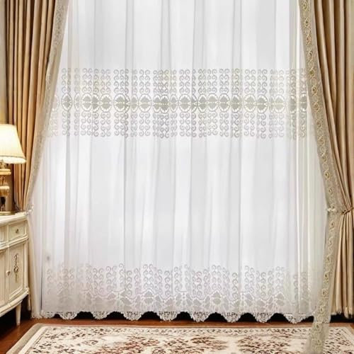 Homxi Vorhänge mit Tüll 2 Stück,2 x 96W x 214H cm,Vorhang Küchen Modern Weiß Spitzen Stickmuster Vorhänge Wohnzimmer Ösen