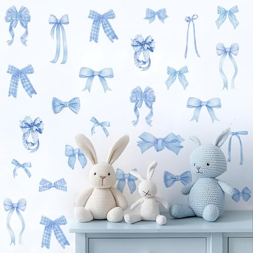 Bow Wall Sticker Decor Watercolor Kids Baby Room Wall Decals Peel and Stick Light Blue Bow Wall Decals for Boys Girls Bedroom DIY Aesthetic Polka Dot Art Murals Wallpaper for Nursery Home Decor
