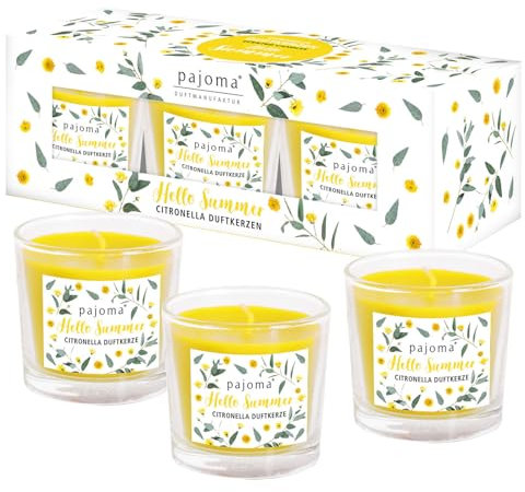 pajoma® Geschenkset Citronella Duftkerzen – 3er Set im Glas | je 50 g | ca. 8 h Brenndauer | Sommerduft & dekoratives Design | Geschenkbox