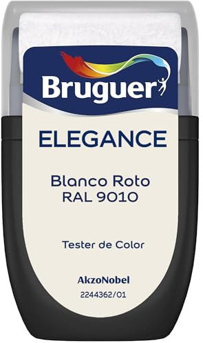 BRUGUER ELEGANCE Pintura Monocapa ExtraMate, Paredes y Techos, Interior, Exterior protegido, Alta Durabilidad, UltraLavable, Resistente al Desgaste y Manchas Blanco Roto RAL 9010 30 ml
