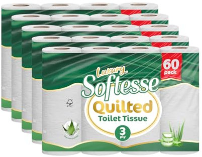 Softesse Aloe Vera Scented Toilet Tissue 3‑Ply – Gentle, Refreshingly Soft Toilet Rolls, Quilted Loo Rolls Infused with Aloe Vera – Made in The UK – Bulk Pack of 60, FSC Certified