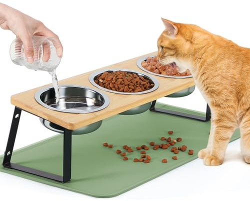 Cat Bowls with Stand & Feeding Mat, 15° Tilting Neck Protective Bowl for Pets, 3pcs Stainless Steel Bowls for Cats/Dogs, Easy to Clean & Non-Slip Silicone Mat Cat Feeder