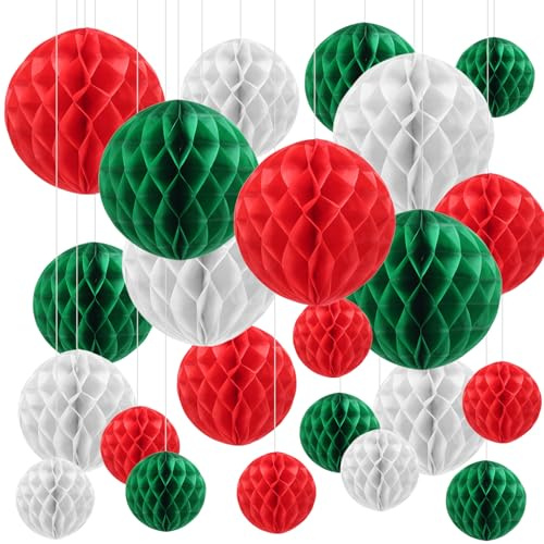 Vookkp 27Stück Papier Weihnachtskugeln Waben Deko Weihnachten Christbaumschmuck Papier Weihnachtsschmuck Pompons Deko zum Aufhängen Weihnachtsdeko Innen 10/15/20cm