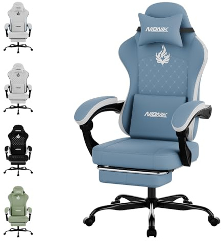 NIONIK Ergonomischer Gaming-Stuhl Stoff, Gaming Sessel mit Fußtritt, Höhenverstellbarer Schreibtischstuhl mit Flammenstickerei, Drehstuhl mit Kissen für Rücken und Nacken, Bürostuhl für Home Office