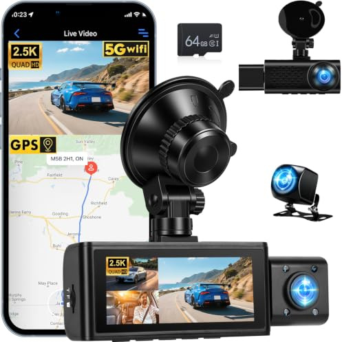 Dashcam 3 canali 2,5K con Telecamera Anteriore e Posteriore per Auto | Scheda TF da 64 GB, GPS, controllo tramite app Wi-Fi, sensore G, visione notturna, registrazione in loop