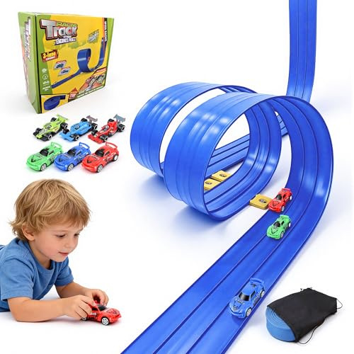 Dreispurige Flexible Rennbahn für Kinder – 5 m Lange Saugnapf-Schwerkraftrampe für 1:64-Modellautos, dreispurige Roll-up-Rennbahn mit 6 Fahrzeugen, Geschenk für Jungen und Mädchen von 3 bis 12 Jahren