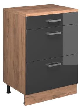 Vicco Erweiterungskommode Rion, Anthrazit Hochglanz/Goldkraft Eiche, 60 x 46 cm ohne Schräge mit 3 Schubladen, kombinierbar mit Rion Dachschrägenschränken und Schrankmodulen