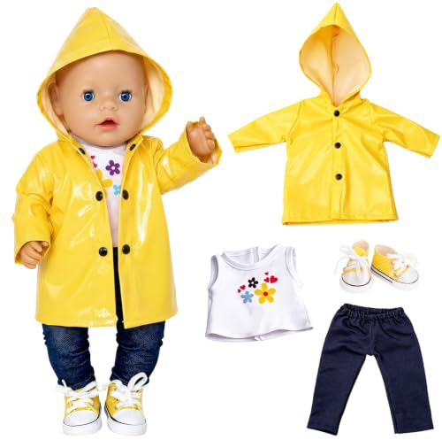 Baby Puppen Kleidung 43cm für Newborn Baby Puppen, Gelb Regenmantel Puppenkleidung mit T-Shirt Hose Schuhe für 14-18 Zoll Baby Puppen Zubehör Geschenke für Kinder