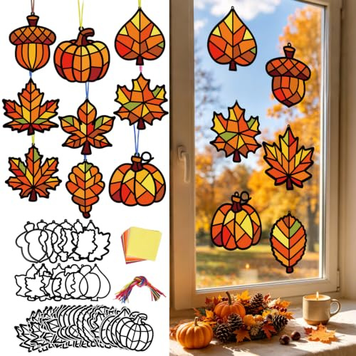 24Set Herbst Bastelset Kinder Ahornblatt Fensterbilder mit Buntglas Effekt | 172tlg Herbstdeko Basteln Kreativsets Bastelhandwerk Kunsthandwerk für Auto Unterwegs Jungen Mädchen Geschenk