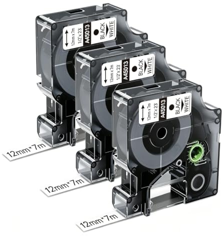 3x Wonfoucs kompatibel mit DYMO D1 12mm schwarz auf weiß 45013 | Ersatz für DYMO Etikettenband 12mm x 7m, S0720530 passend für Labelmanager 160 210D 280 360D 420P, klar lesbar, haftstark
