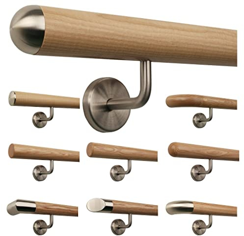 TIBU Esche Holz Handlauf Geländer 0,3m - 6m, Länge 200 cm, Ende Halbrunde Edelstahlkappe und 3 gewinkelte Halter