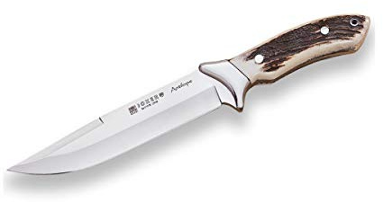 Joker Gürtelmesser Jagdmesser Antílope CC02 mit Edelstahlzwinge, Hirschhörnern, gerader Klinge 19 cm, 393 Gramm, Lederscheide, Angelgerät, Jagd, Camping und Wandern.