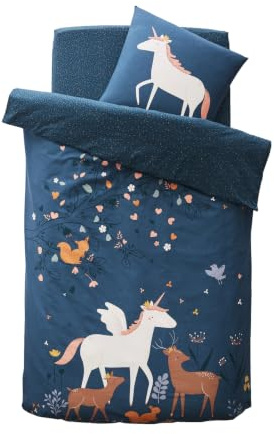 Vertbaudet Bettwäsche-Set für Kinder,Märchenwald Petrol Einhorn REH 140X150 - Kissen 63X63