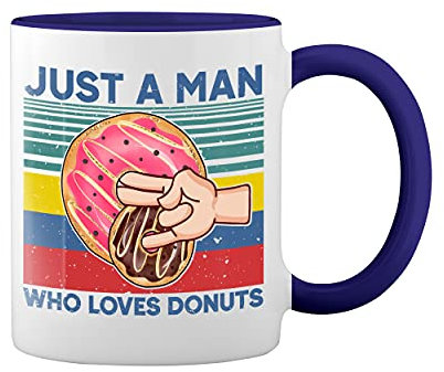 Vintage Just A Man Who Loves Donuts Weiße Tasse Mug mit blauem Felgen und Griff