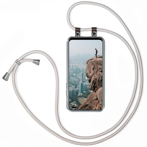 moex Handykette für Oppo Reno4 5G Hülle mit Band abnehmbar, Handyhülle mit Kette zum Umhängen, Handyband 155 cm lang Stoff Kordel Umhängehülle, Handy Umhängeband, Silber