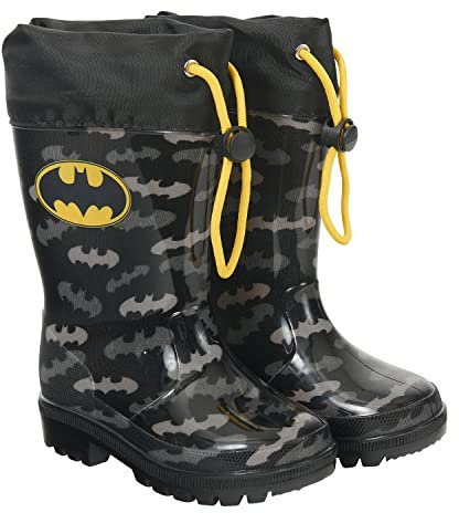 PERLETTI Stivali Pioggia Bambino Batman - Galosce Bambini Antipioggia con Suola Antiscivolo - Stivaletti Impermeabili Nero Grigio Giallo con Pipistrelli- Scarponcini Chiusura Coulisse (Nero, 24/25 EU)