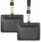 2 porte-badge double face en cuir synthétique de 10,4 x 8,4 cm avec cordon tour de cou - Porte-badge horizontal en cuir véritable pour l'école, le bureau (Black)