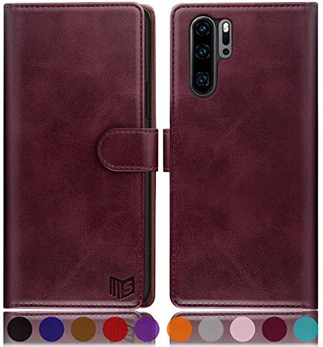 SUANPOT [RFID Schutz für Huawei P30 Pro Hülle PU Leder Handyhülle Lederhülle Klapphülle Kartenfach Flip Cover für Huawei P30 Pro Handy hülle Leather Wallet Phone Case Rotwein