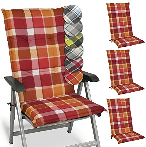 Beautissu 4er Set Hochlehner Auflagen Set Gartenstühle 120x50 cm Polster Rot Kariert – 6cm Dicke Polsterauflage Bequem, rutschfest & UV-Lichtecht 5 – Stuhlkissen Sitzauflage – Sunny RO