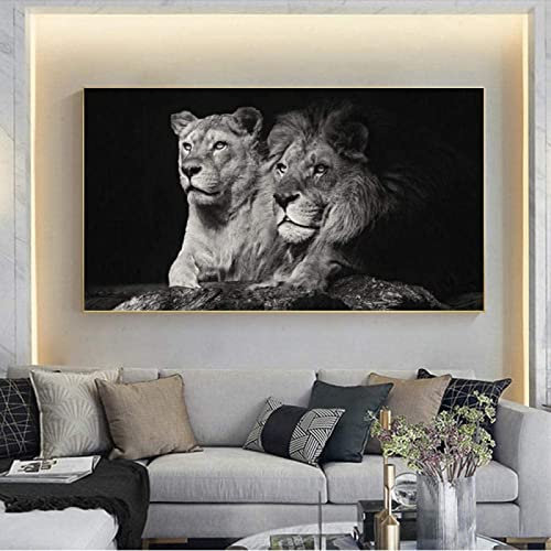 HMXQLW Leinwand Bild Schwarz weiß Löwe und Löwin Bilder Wohnzimmer Deko, Leinwand Bilder Poster und Drucke Wandkunst Malerei Schlafzimmer Wohnzimmer Dekoration Rahmenlos (70X100CM)