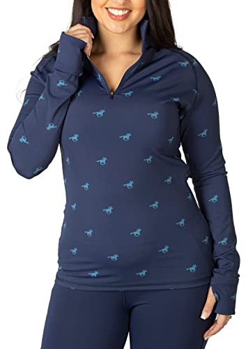Rydale Ladies Patterned Sports Top High Stretch Women's Long Sleece Fitness Gym Top 7 Colours (Galloping Horse Navy, 10)
