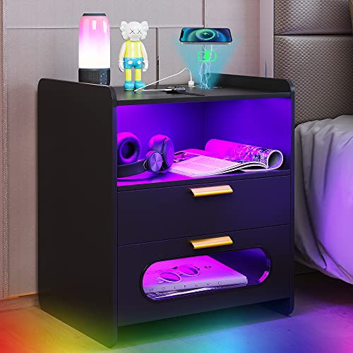 Gurexl Led Nachttisch mit Ladefunktion, 24 Farben Dimmbar Hochglanz Nachtschrank mit USB Type-C, 2 Schubladen Sideboard Automatischer Sensor Schlafzimmer Möbel Schwarz
