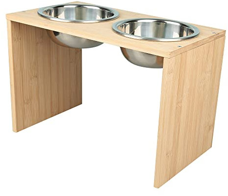 Gamelles surélevées - pour Chiens et Chats - Supports surélevés en Bambou avec 2 gamelles d'eau et de Nourriture en Acier Inoxydable - avec Pieds antidérapants (Deux Bols (Bois Naturel))