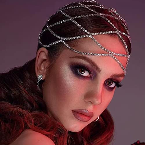 RUNRAYAY Rhinestone Mesh Headpiece Cap, Silver Roaring 1920S Belly Dance Crystal Flapper Head Chain Bridal Party Hair Accessories für Frauen Kostüm Party