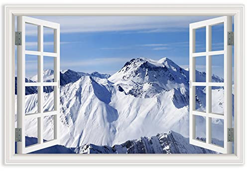 Apcgsm Fensterblick Wandbild. Rollende Schneeberge. Bild auf Leinwand Fenster Illusion. Leinwandbilder Fensterblick Natur Landschaft. Modern Wandbilder Kunstdruck Wanddeko 80x120cm(31.5x47.2) Encadré