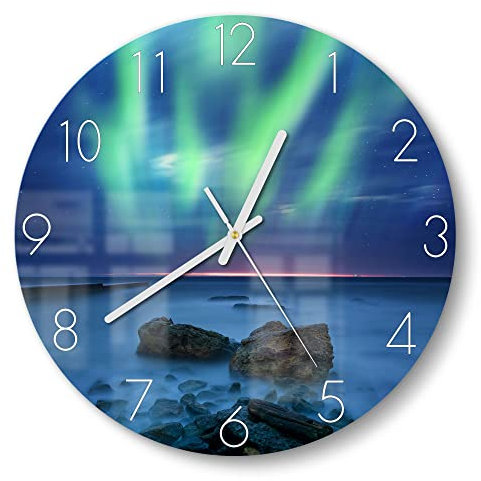 DEQORI Glasuhr | rund Ø 30 cm | Motiv Polarlicht über Felsküste | ausgefallene leise Design Uhr aus Glas | Wanduhr für Wohnzimmer & Küche | moderne Hingucker Uhr für die Wand