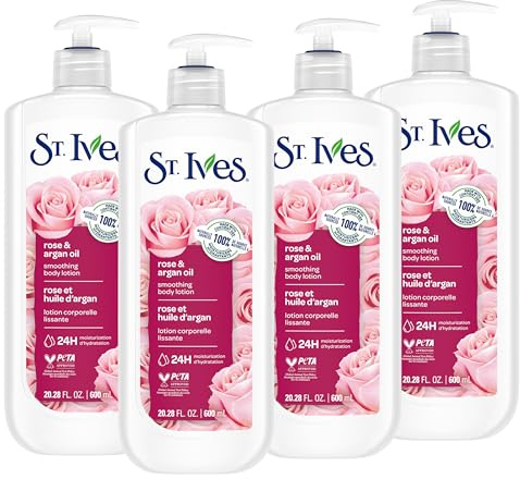 St. Ives Smoothing Hand & Body Lotion für trockene Haut, Rose und Arganöl, hergestellt mit 100 % natürlichen Moisturizern, 21 ml, 4 Stück