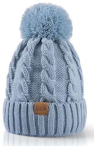 REDESS Women Winter Pompom Beanie Hat with Warm Fleece Lined, Thick Slouchy Snow Knit Skull Ski Cap Sky Blue