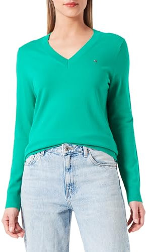 Tommy Hilfiger Damen Pullover Jersey V-Neck Strickpullover, Grün (Olympic Green), XS