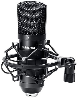 SUUNTOK Micrófono de condensador XLR, kit de micrófono cardioide de grabación profesional de diafragma grande con soporte de choque, para estudio, transmisión en vivo, podcas (negro)