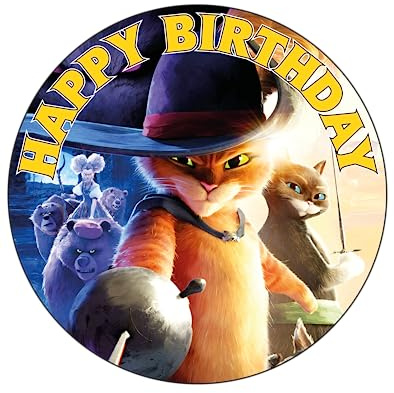 7.5 Inch Puss in Boots - Cake Topper – Round Edible Birthday Cake Decorations, Happy Birthday Cake