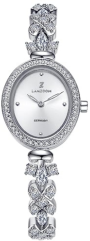 LANZOOM Damen Quarzuhr Silber Oval Kristall Set Uhr Verstellbarer Schmuckverschluss mit Zirkonia besetztes Armband 3ATM Wasserdicht Silber Modern