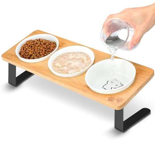3 Elevated Cat Bowls Tilted Anti Vomiting Ceramic Raised Cat Food Bowls for Food and Water, Cat Dishes for Indoor Cats with Non-Slip Stand & Bamboo Board, Dishwasher Safe - 1 Step Assemble