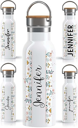 OWLBOOK Blumen Kringelschrift Trinkflasche personalisiert Erwachsene Frauen Edelstahl 600ml - Thermo Wasserflasche auslaufsicher schadstofffrei wiederverwendbar BPA frei - für Büro Sport & Outdoor