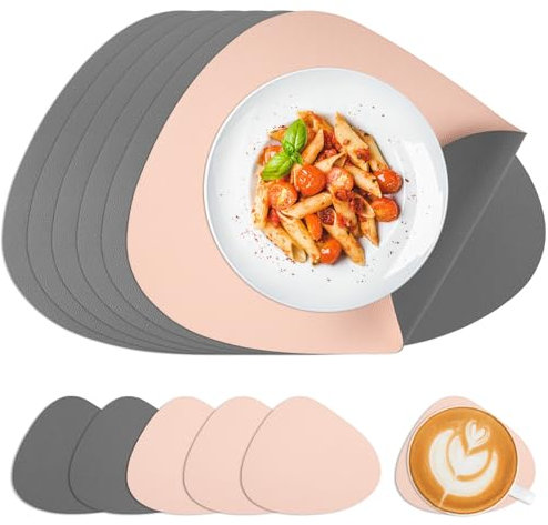 Onlyesh 6er Platzsets Abwaschbar mit 6er Untersetzer, Leder, Abwaschbar, Hitzebeständig, Doppelseitigen Tischsets Abwaschbar, tischsets platzsets für Zuhause, Restaurant, Hotel, 41cm x 32cm, Rosa